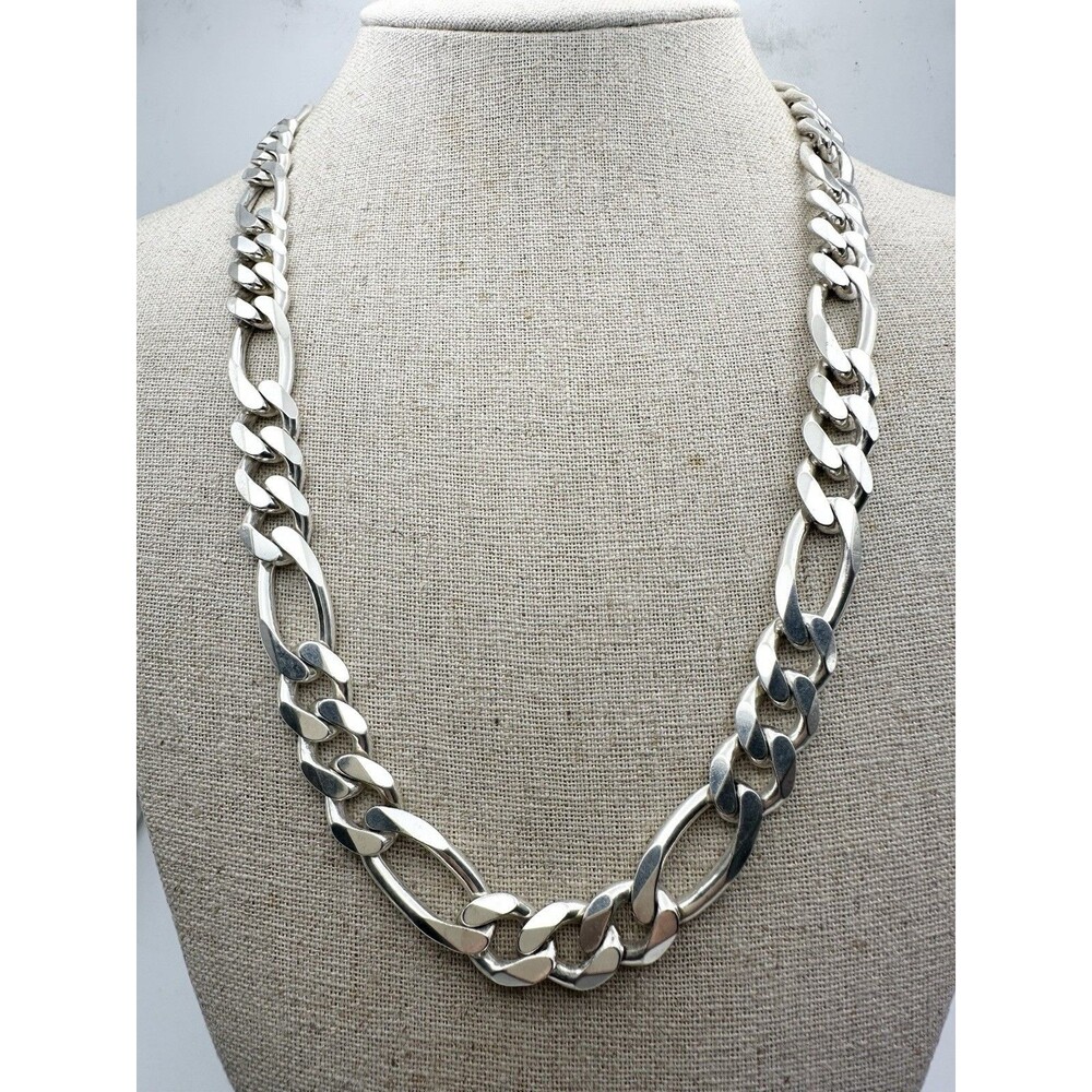 HAN 925 Sterling Silver Italy Figaro Chain 11mm Necklace 22” 97gr